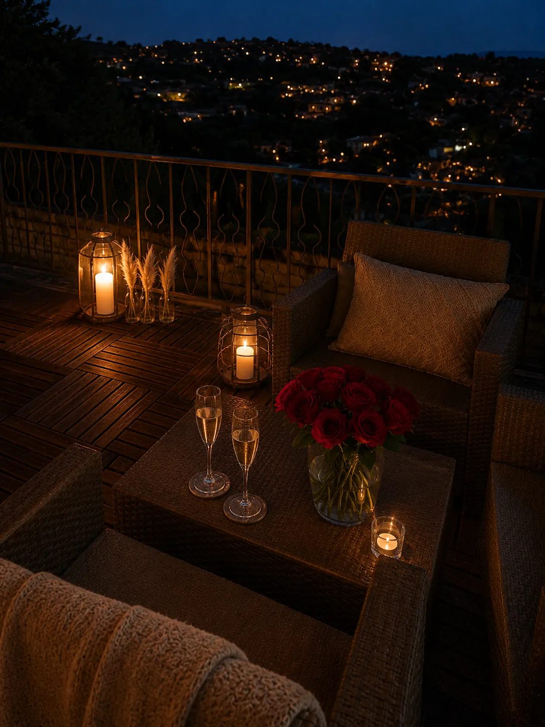 Terrasse romantique éclairée aux bougies avec vue sur le village la nuit
